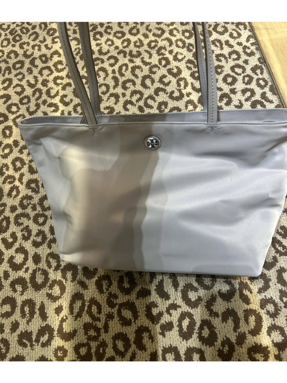 Tory Burch gray Tote nylon tote bag zip closure logo accent gold